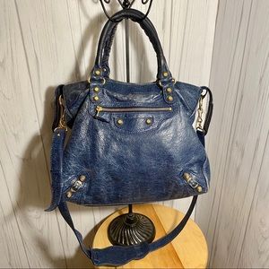 Balenciaga Blue Lambskin Gold Hardware City Bag Lg